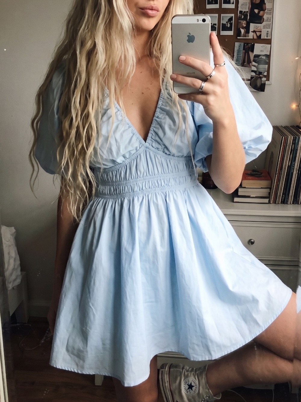 Aritzia Mason Poplin Light Blue V-Neck Puff Sleeve Mini Dress